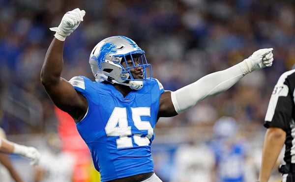 Detroit Lions defensive end Isaac Ukwu (45) in a festive mood.