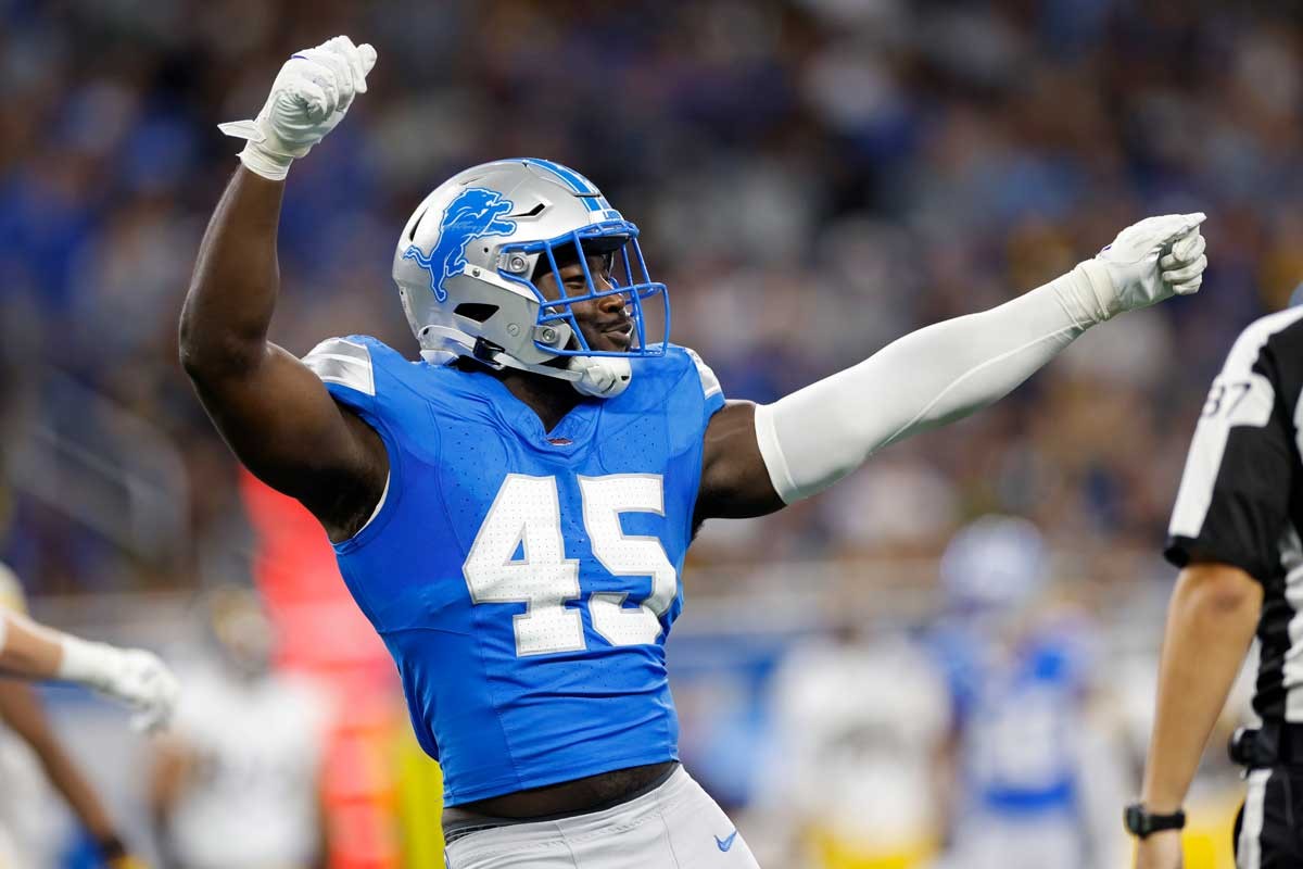 Detroit Lions defensive end Isaac Ukwu (45) in a festive mood.