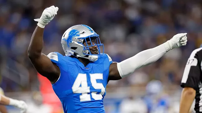 Detroit Lions defensive end Isaac Ukwu (45) in a festive mood.