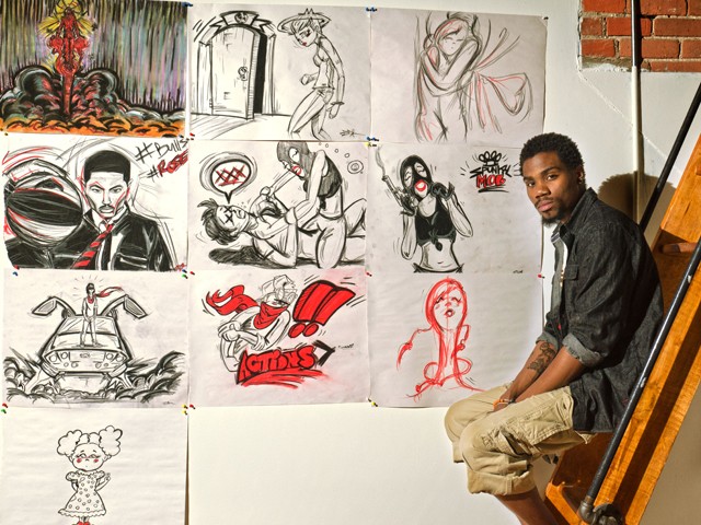 Everett Weathersby in his loft with art.