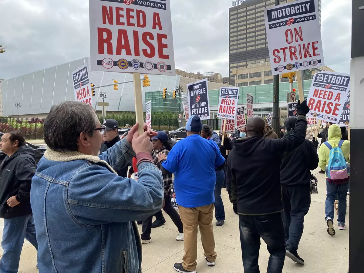 Image: Striking Detroit casino workers outside of MGM Grand Detroit Casino on Oct. 17, 2023.