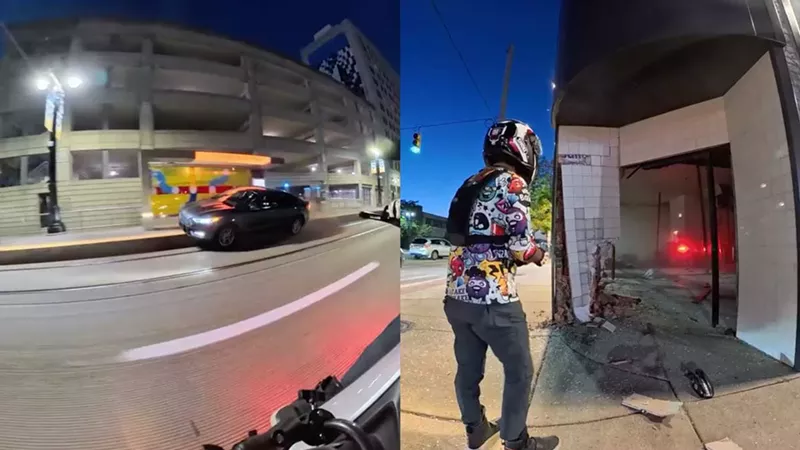 A video posted to Facebook shows a driver losing control of their vehicle and crashing through the building at 5708 Woodward Ave., Detroit.