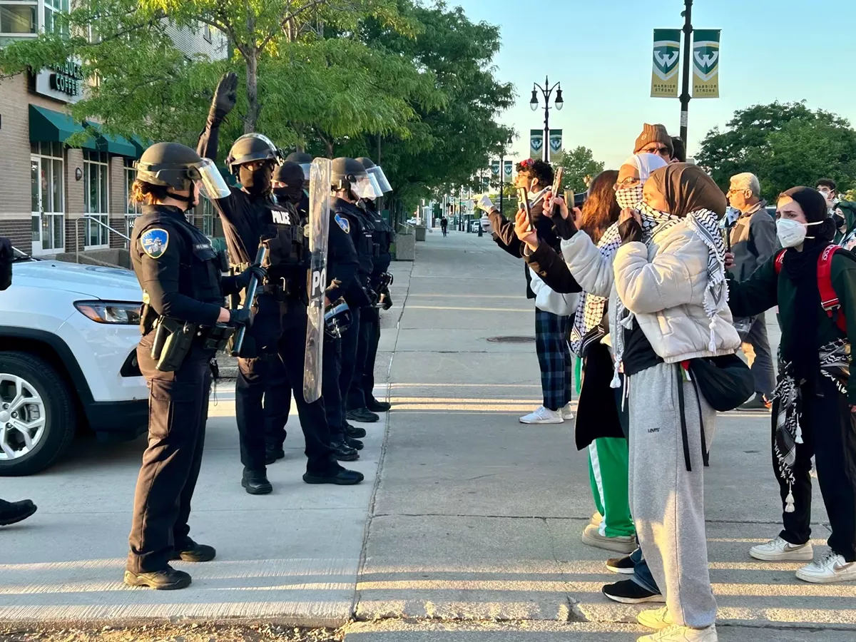 Image: Wayne State University police prevented pro-Palestinian activists from entering the campus after raiding an encampment Thursday morning.