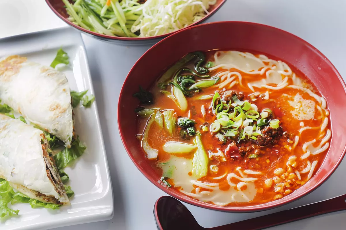 Image: Sichuan mild spicy noodle soup and Chinese burrito.