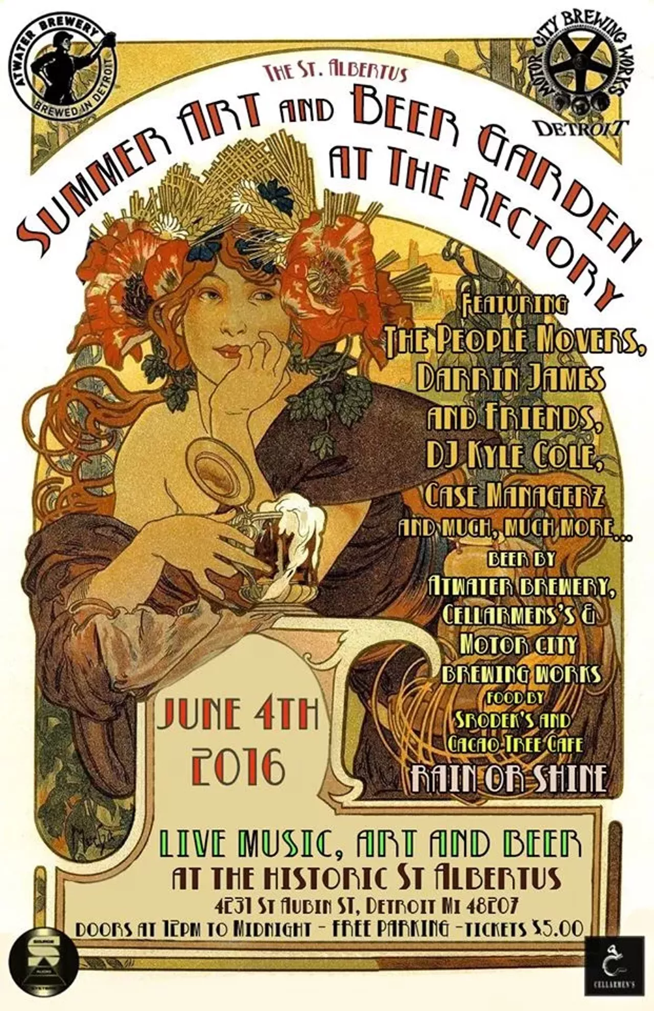 Saturday, June 4 - St. Albertus Summer Art and Beer Garden at the Rectory @ St. Albertus Church - If you&#146;ve always dreamed of drinking inside a historic rectory inside a Polish Catholic church established in 1872, you&#146;re weird, and here&#146;s your chance. This special event is being put on by Fuzzy Tripod Art and will feature art and beer (duh) plus live music by local musicians. The beer will be from Atwater Brewery and Motor City Brewing Works. Srodek&#146;s Campau Quality Sausage Co. will provide food. Art will be by Moosey Moose Art, Happy Hookers Detroit, Dave Messy Art, Drift Wood Productions, and others. There will be music will be by the People Movers, Darrin James and Friends, and DJ Kyle Cole. There will also be a fire performance (ooooh) by Stephanie Latham. Runs from noon to midnight; 4231 St. Aubin, Detroit; 586-945-7282; tickets are $5 at the door.