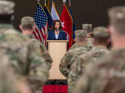 Gov. Gretchen Whitmer addresses the 3rd Battalion, 238th Aviation Regiment, of the Michigan National Guard.